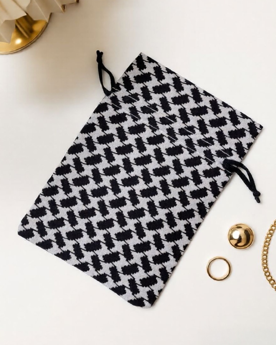 Black Houndstooth Drawstring Pouch