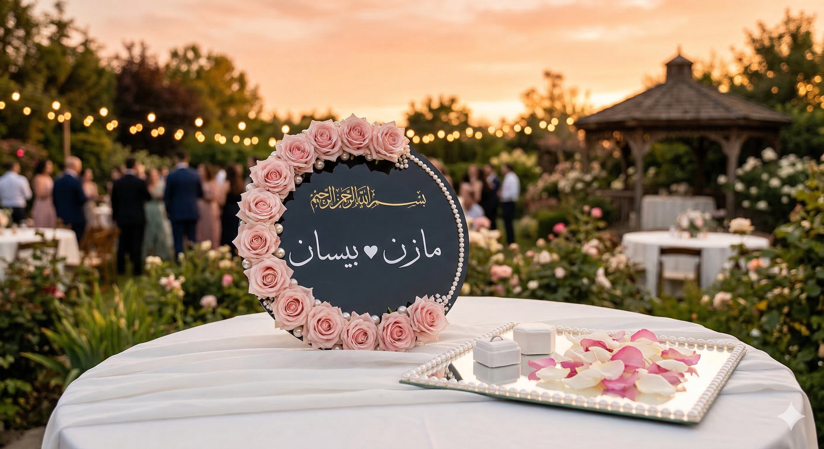 Rose wreath stand at outdoor garden wedding