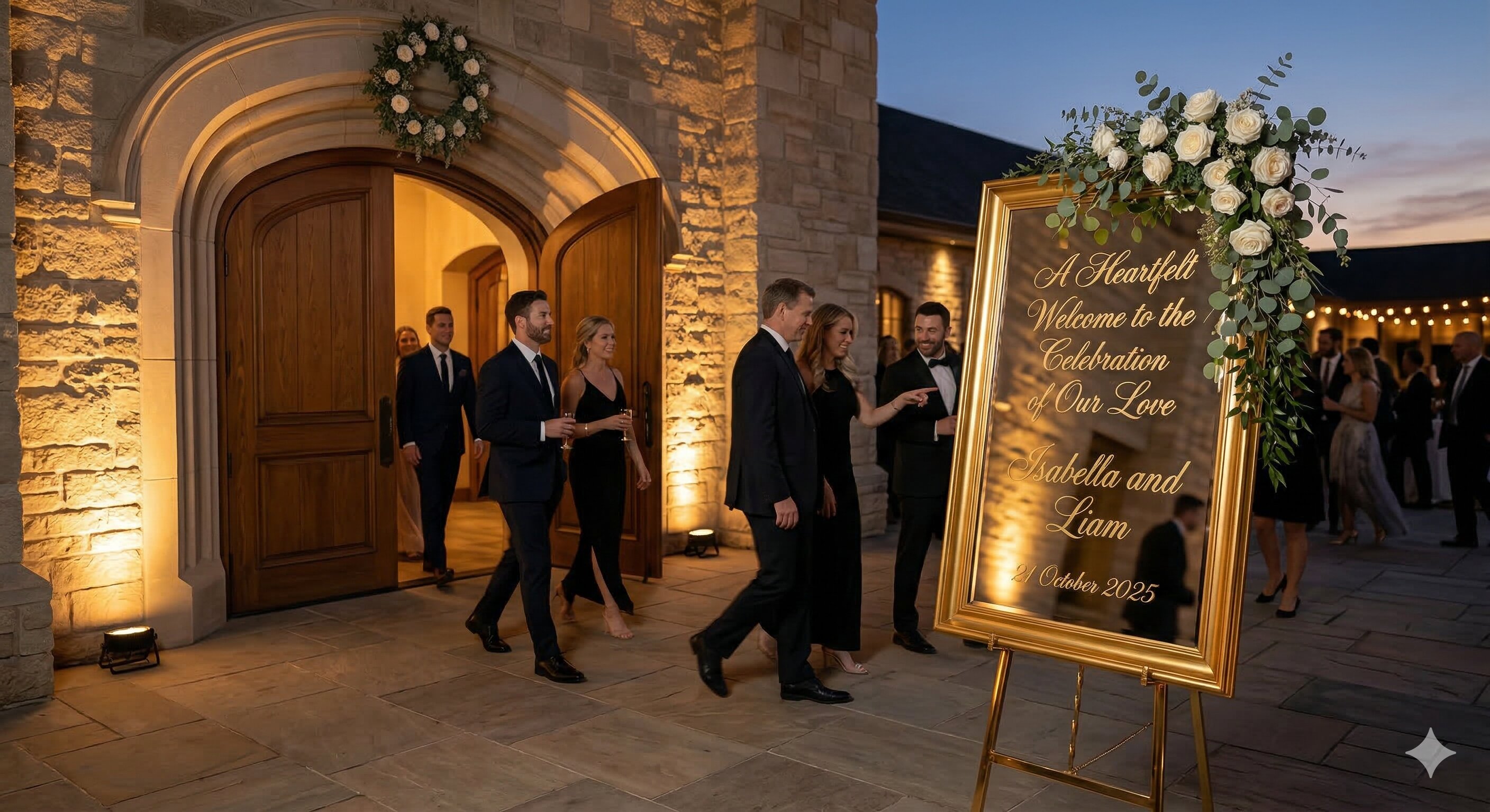Grand welcome sign at venue entrance