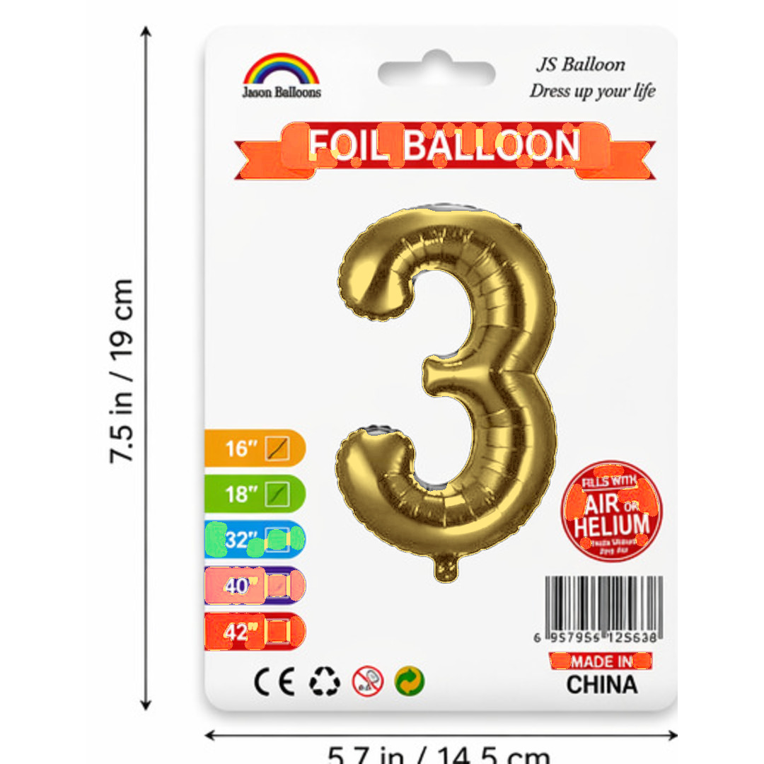Number 3 Foil Balloon — Gold